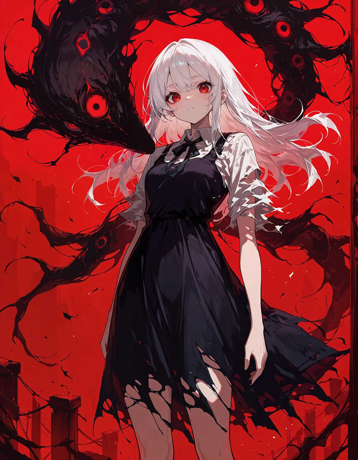 masterpiece, newest, incredibly absurdres, highres, <lora:3Y3S_style:1>,3Y3S_illu, 1girl, red background, solo, white hair, red eyes, dress, long hair, torn clothes, black dress, looking at viewer, torn, shirt, white shirt, collared shirt, closed mouth, standing, short sleeves