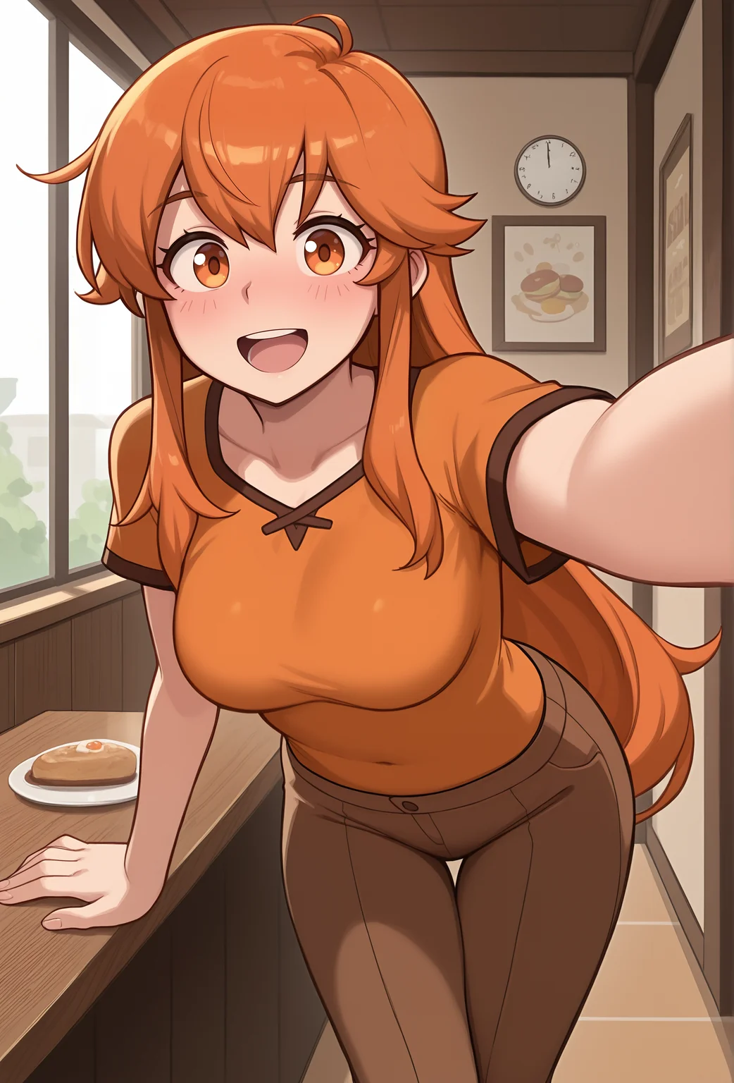 (masterpiece, best quality, very aesthetic, absurdres:1.2), <lora:dross_style_illustrious_v1:1> drstyle, 1girl, orange hair, orange eyes, very long hair, happy, BREAK
orange shirt,brown harem pants, brown trim, orange trim, medium breasts, foreshortening, restaurant, detailed background