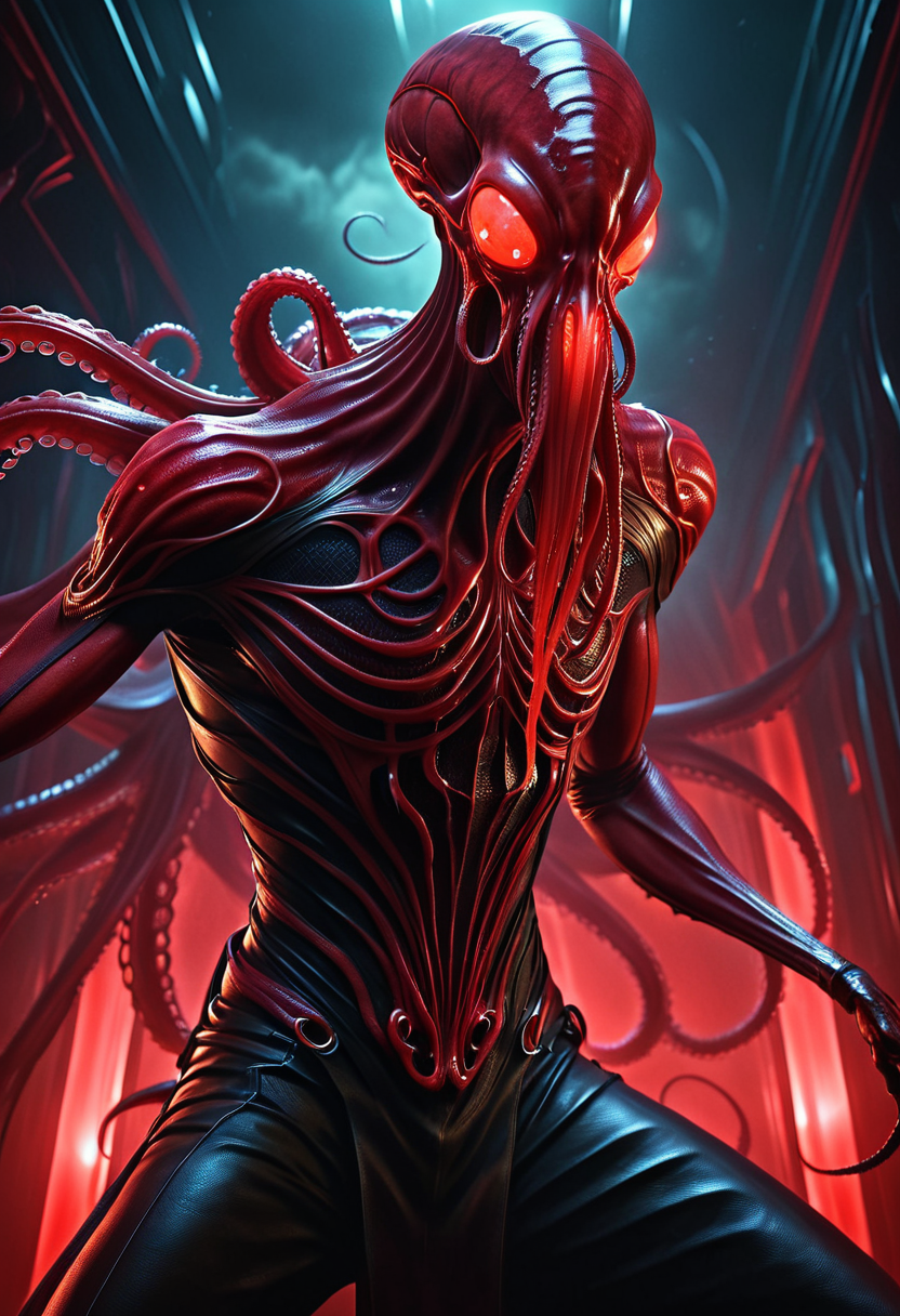 nightmarish and surreal, dramatic over-the-shoulder view of prey, sinister red glow from spellcasting, floating midair in an eerie stance, pulsating psionic chambers, tentacled face, dark, leathery skin, elongated cranium, slender, alien physique, four long tentacles extending from mouth fantasy_random_lora, realistic, uhd, 8k, masterpiece, intricately detailed, cinematic, best quality, absurd resolution, fantasy art, fantasy race concept, artfully_mindflayer,  <lora:artfully_MINDFLAYER_SDXL:0.8>