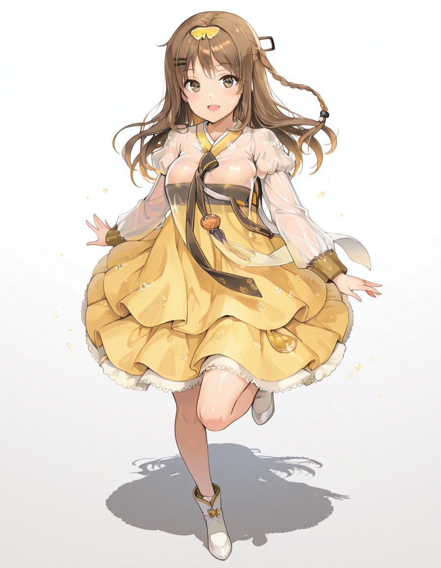 Volumetric Lighting, (masterpiece), (best quality), (ultra-detailed), masterpiece, source_anime, score_9, score_8_up, score_7_up BREAK, illustration, disheveled hair, detailed eyes, perfect composition, moist skin, intricate details BREAK, K2, brown hair, long hair, brown eyes BREAK, far east princess, FEP_hanbok, see-through skirt, layered skirt,K2_hairclip, see-through shirt, K2_hair_ornament, braid, side braid BREAK, ((white background)), looking at viewer,smile,full body, one leg up, white footwear, open mouth, shadow, standing with one leg, from above, detailed fingers