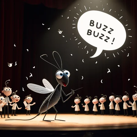 black mosquito, Mosquito_focus, singing, text bubble says "buzz buzz", mic, stage, lights, audience, insects, whimsical, concert, wings, proboscis, performance, tiny, concert hall, anticipation, buzzing, voice, charming, humorous, star, miniature