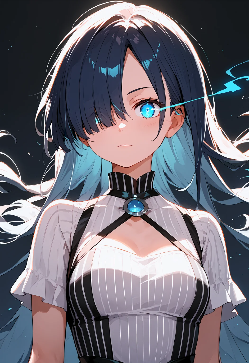 score_9,score_8_up,score_7_up,source_anime,1girl,solo,hair over one eye,vertical-striped_dress,looking at viewer,upper body,<lora:glowing eye trail_pony_bx-v1.10:1>,glowing eye trail,