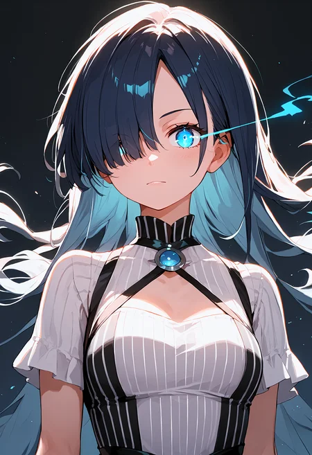 score_9,score_8_up,score_7_up,source_anime,1girl,solo,hair over one eye,vertical-striped_dress,looking at viewer,upper body,<lora:glowing eye trail_pony_bx-v1.10:1>,glowing eye trail,