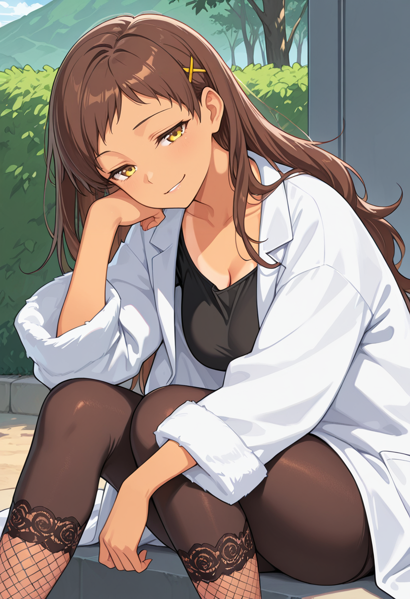 masterpiece,high quality details,
outdoors, 
<lora:Sayama_Chie:0.8>
chie_cnr, 1girl, brown hair, long hair,yellow eyes, tan, tanlines, hairclip,(aged up:1.2), (mature female:1.1),, depressed,smirk,, lab coat  ,fur coat,capri pants,  ,lace legwear pantyhose,