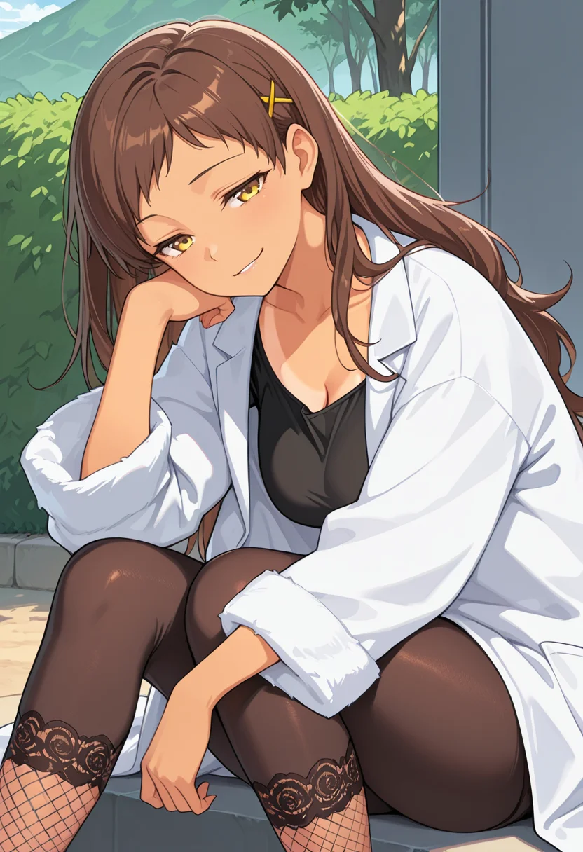 masterpiece,high quality details,
outdoors,
<lora:Sayama_Chie:0.8>
chie_cnr, 1girl, brown hair, long hair,yellow eyes, tan, tanlines, hairclip,(aged up:1.2), (mature female:1.1),, depressed,smirk,, lab coat ,fur coat,capri pants, ,lace legwear pantyhose,
