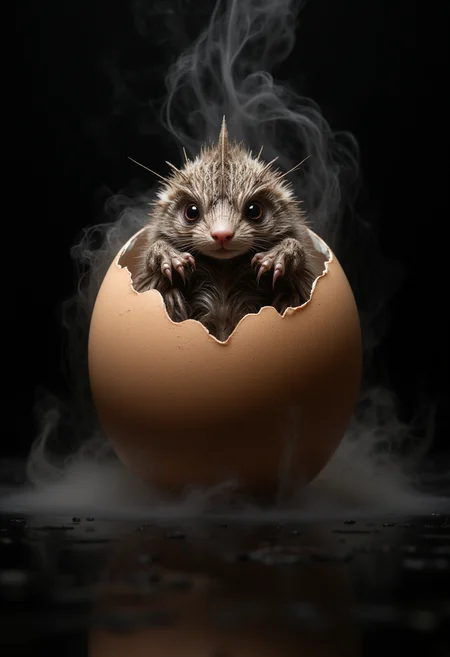 a broken egg, from which emerges an adorable little furry creature, mist, pack shot, dramatic light, dark background with reflections, g1g3r by giger,