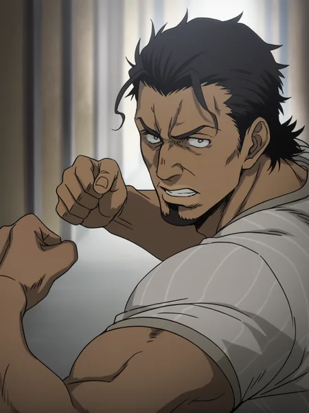 1boy, arnold_gangsta, black hair, dark_skin,  tight_striped_t-shirt, Curly hair,medium hair, goatee beard, veiny arms,score_8_up, score_7_up, score_6_up, score_9_up, (manly), (muscular), stocky body, (big muscle), (big arms), middle-age man, centered,looking at viewer, abs_focus, First-person perspective, pov, detailed eyes, 8k uhd, high quality, anime color,  alley, fighting pose, <lora:Arnold:0.6>, <lora:umikochannartv2:0.6>,