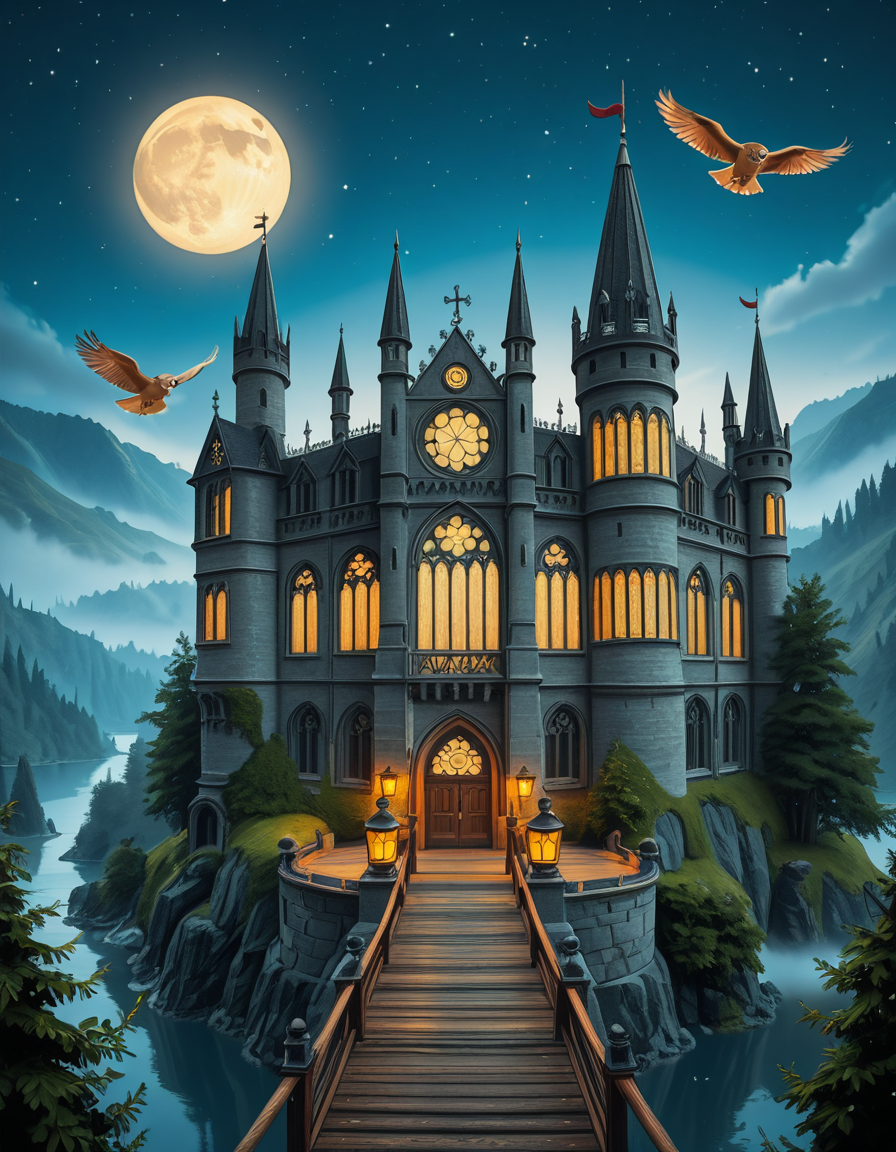 A majestic, ancient castle perched on a rocky hill, serving as a prestigious school for young wizards. The castle is a grand structure with towering spires, intricate gothic architecture, and large stained-glass windows that glow with magical energy. The stone walls are covered in ivy, and enchanted lanterns float around the entrance, casting a soft, mystical glow. A massive wooden bridge leads to the main gate, suspended over a misty, enchanted lake that reflects the moonlight. In the background, rolling green hills and dense, fog-covered forests surround the school, adding an air of mystery. The sky is a deep twilight blue, with stars twinkling and a full moon shining brightly. Some windows in the castle emit warm, golden light, hinting at classrooms filled with spellbooks and students practicing magic. A few owls are seen soaring above, delivering messages. The atmosphere is magical, mysterious, and full of wonder, as if the castle itself is alive with enchantments.
<lora:SDXLFaeTastic2400:0.4> <lora:extremely_detailed:0.4> extremely detailed,ancient c4stl3, <lora:ancient_c4stl3-i:1>, Masterpiece,best quality,hi res,8k,hi res,8k,award winning,(sharp focus, intricate, highly detailed),