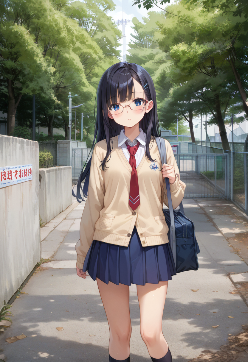 score_9, score_8_up, score_7_up, rating_safe, masterpiece, best quality, absurdres, unity 8k wallpaper, official art, official style, source_anime, uncensored, game cg, megami magazine,
1girl, solo, glasses, black hair, long hair, blue eyes, collared shirt, red necktie, pleated skirt, blue skirt, cardigan, looking at viewer, blush, school bag, 
school gate, tree, scenery, outdoors, fence, day, sign, building, real world location
 <lora:schoolgate_PONY_V1:1>
