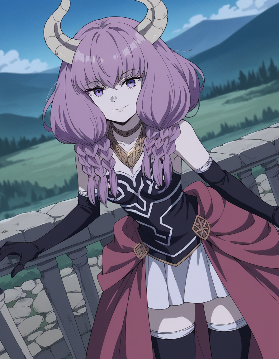 score_9, score_8_up, score_7_up, source_anime,
auratheguillotine, <lora:aura-the-guillotine-s1-ponyxl-lora-nochekaiser:1>,
aura the guillotine, long hair, purple eyes, purple hair, braid, horns, twin braids,
skirt, thighhighs, gloves, choker, black gloves, elbow gloves,
outdoors, landscape, bent over, smile,
cowboy shot, solo, dutch angle, looking at viewer,