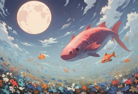score_9, score_8_up, score_7_up, score_6_up,
nature background, flowers, flower, clouds, fields, flower field, night time, dark county side, moon in the sky, huge moon, glowing moon, white glow, horizon view, flat horizon
flying fish, fish floating, fish swimming thriugh the sky, betta fish, multi colour fish, swarm of fish, 30 fish, huge swarm of fish,fish ,Aquatic life, swarm of fish around a big fish, large goldfish, goldfish, large fish, dragon fish, dragon gold fish, multicolored fish