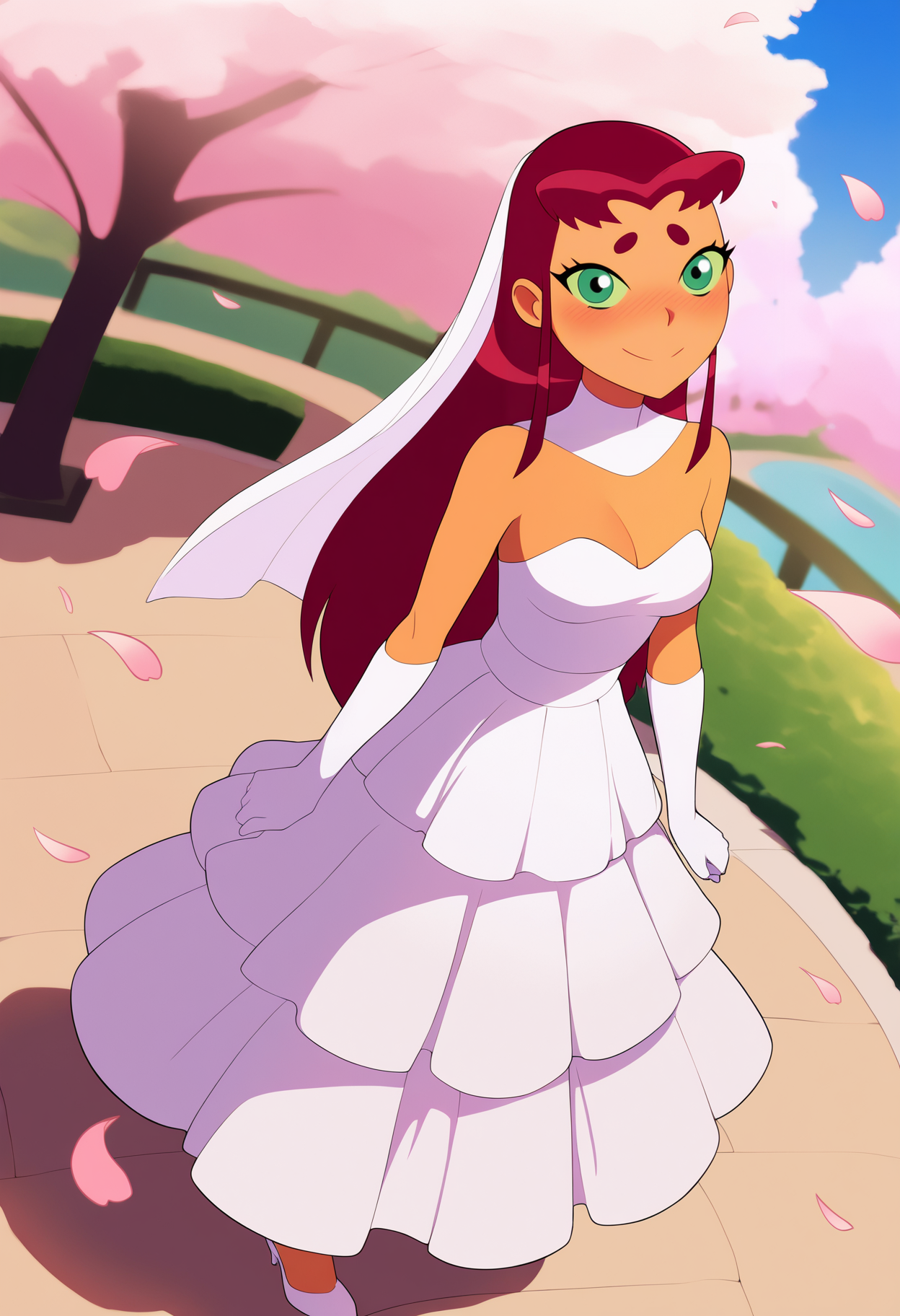masterpiece, best quality, very aesthetic, absurdres,
1girl, starfire, red hair, long hair, green eyes, orange skin,
white high heels, strapless wedding dress, looking at viewer, blush, smile, petals, cherry trees, solo, japanese park background,   <lora:StarfireTTNoobXL_byKonan:1>