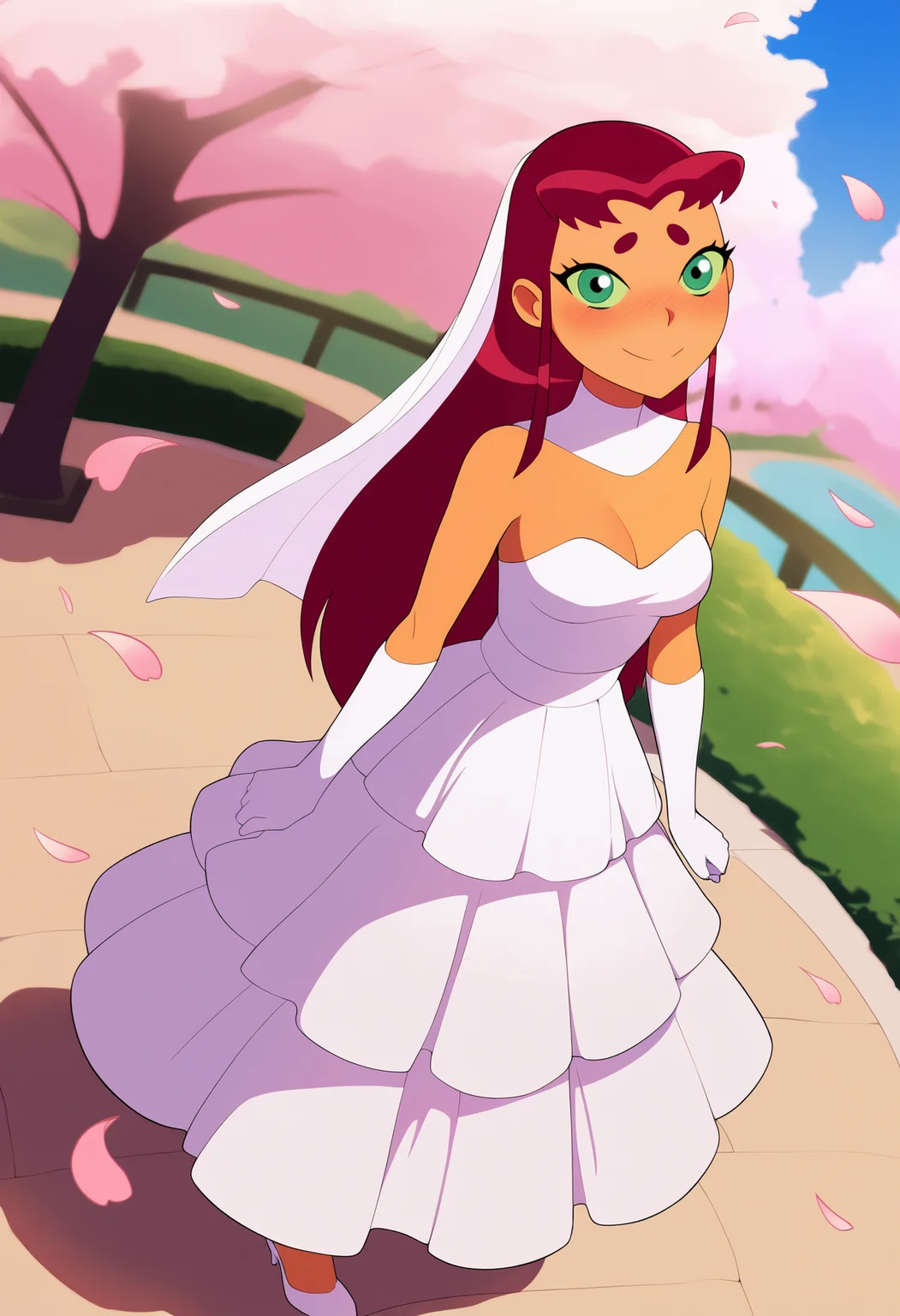 masterpiece, best quality, very aesthetic, absurdres,
1girl, starfire, red hair, long hair, green eyes, orange skin,
white high heels, strapless wedding dress, looking at viewer, blush, smile, petals, cherry trees, solo, japanese park background, <lora:StarfireTTNoobXL_byKonan:1>