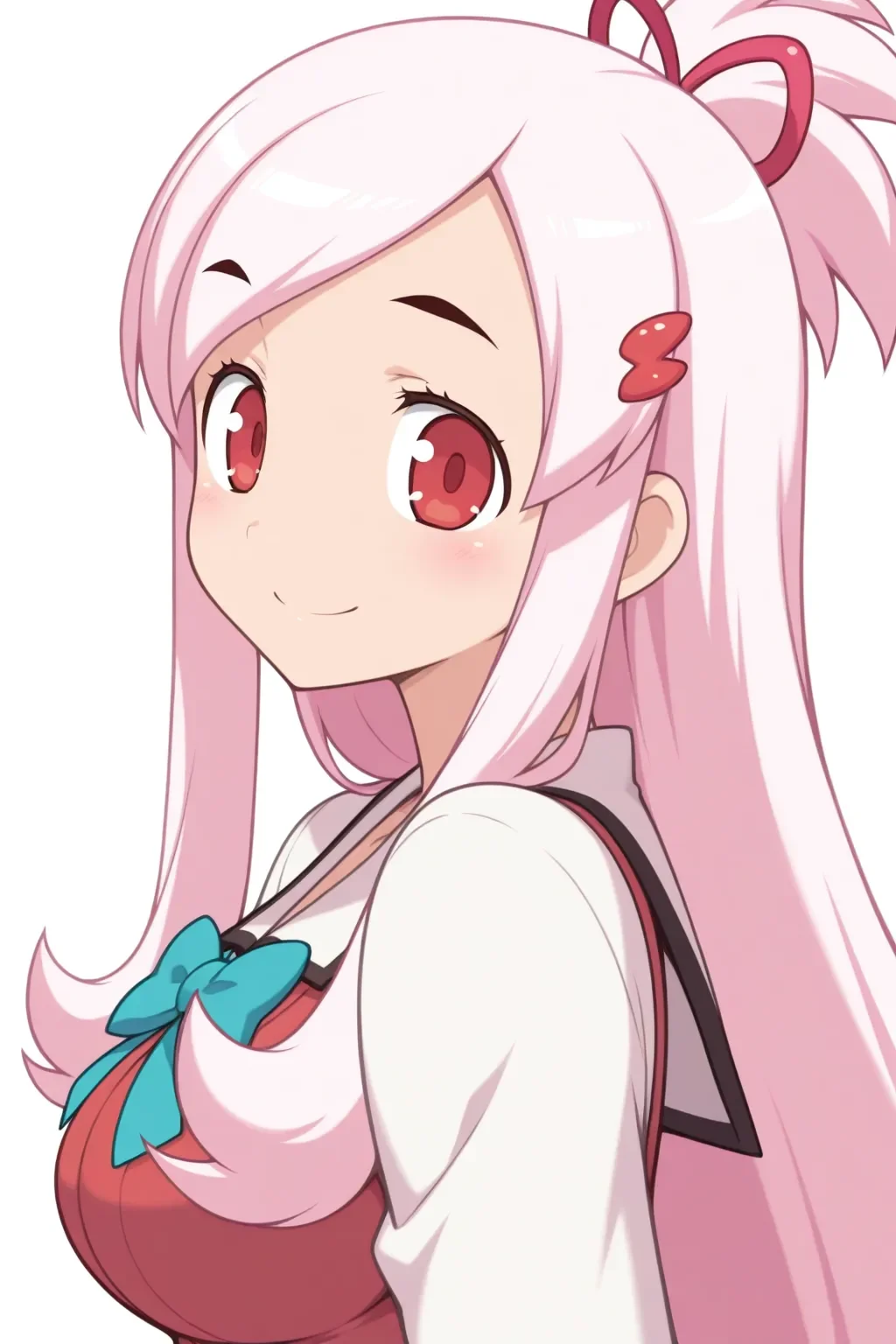 masterpiece, best quality, <lora:dokimajo2_haorikureha_ilxl:0.9>dokimajo2_haorikureha_ilxl , pink hair, red eyes, 1girl, solo, school uniform, general, looking at viewer, smile ,standing , upper body, from side