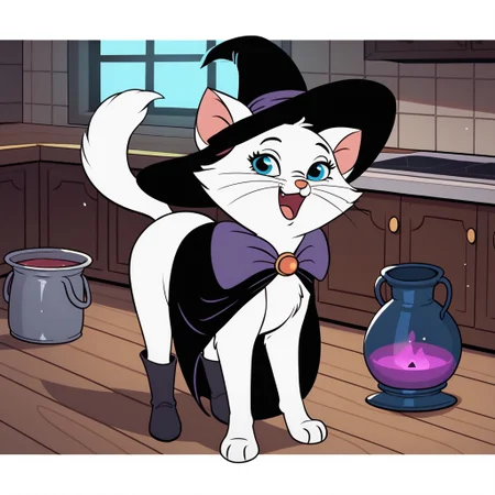 score_9, score_8_up, score_7_up BREAK KittyMarie, 1girl, cat, white fur, blue eyes, pink nose, whiskers, tail, black witch hat, full body, solo focus, alone, happy, witch dress, witch boots, cartoon, source_cartoon, dark witch coven house indoors, creepy mansion background, cooking on magic cauldron, magic potions,