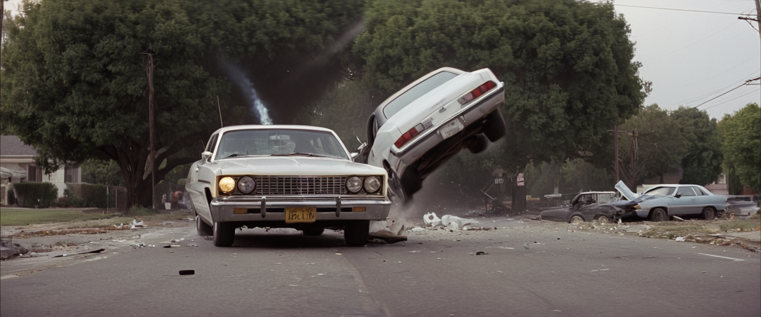 cinematic film still of  <lora:Pulp Fiction style:1>
a white car crashing on street in an accident with flying glasses in front of camera,outdoors,sky,tree,no humans,ground vehicle,building,scenery,motor vehicle,sign,car,road,power lines,lamppost,street,utility pole,road sign , 1990's, 90's, film, cinematic, crime and violence, classic, graphic violence, Kodak film, motion picture image,Pulp Fiction style, Pulp Fiction Film style, shallow depth of field, vignette, highly detailed, high budget, bokeh, cinemascope, moody, epic, gorgeous, film grain, grainy