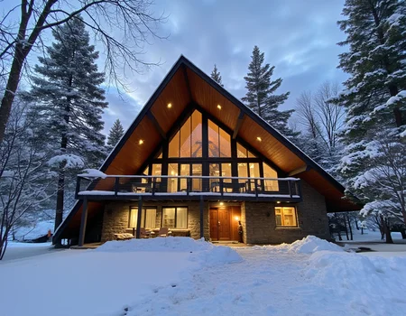 architectural photography, detailed, professional photography,
Contemporary house in a snowy forest, triangular shaped, large porch, outdoor lighting, cozy, window lit,
  <lora:iphone-dev-6:1> iphone photo