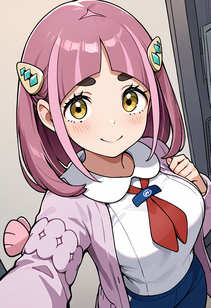 masterpiece, best quality, solo, curvy, beautiful eyes, narrow waist, wide hips, 1girl, solo, smile, looking at viewer, dynamic angle, foreshortening, close up,    zzLacey, lacey (pokemon), yellow eyes, pink hair, medium hair, hair ornament, thick eyebrows, arched bangs, hairclip, white shirt, collared shirt, red gloves, long sleeves, open cardigan, red neckerchief, single glove, blue pants,    ,<lora:LaceyPokemonIXL:1.0>, back arched, hips back, side view, smile, looking at viewer,