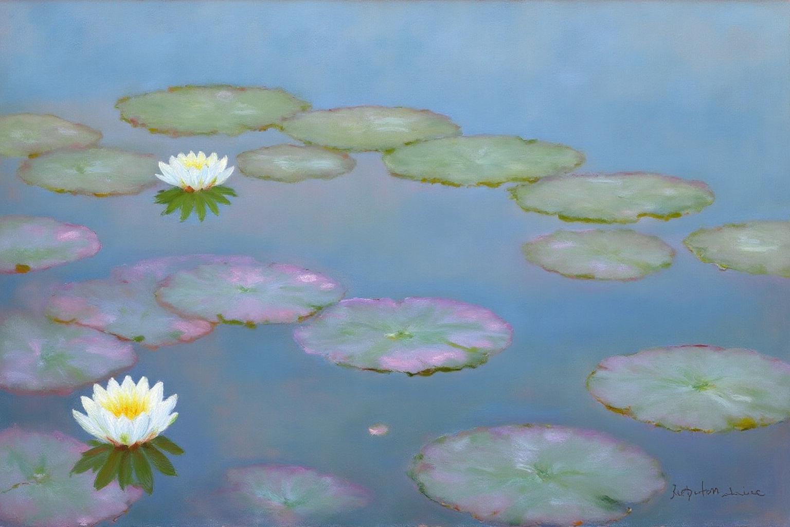 claudemonet1 painting. A pond scene with a collection of lily pads floating on the surface. The water is a soft blue, and the lily pads are in various shades of green, purple and pink. Two blooming white water lilies are prominently displayed, each with a yellow center. <lora:claudemonet1_cap_d8a4e12:1.0><lora:843291591624983076:0>