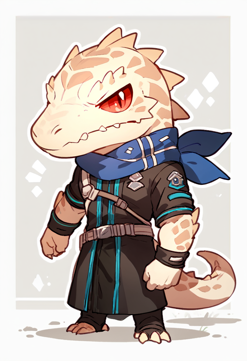 <lora:RangerArkKPony1.0:1>rangers, 1boy, white scales, scalie, uniform, male focus, solo, blue scarf, red eyes, single glove, belt, wristband, tail, chibi,  score_9, score_8_up, score_7_up, score_6_up, score_5_up, score_4_up,
