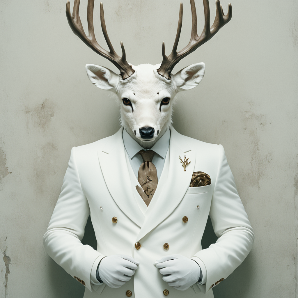<lora:AnthropomorphicSDXL:1> Anthropomorphic, cinematic setting, The image shows a man in a white suit with a deer head on his head standing in front of a wall., antlers, solo, furry, furry male, 1boy, animal, suit, formal, buttons, no humans