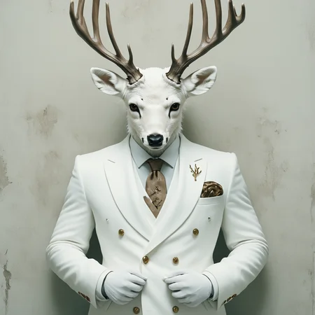 <lora:AnthropomorphicSDXL:1> Anthropomorphic, cinematic setting, The image shows a man in a white suit with a deer head on his head standing in front of a wall., antlers, solo, furry, furry male, 1boy, animal, suit, formal, buttons, no humans