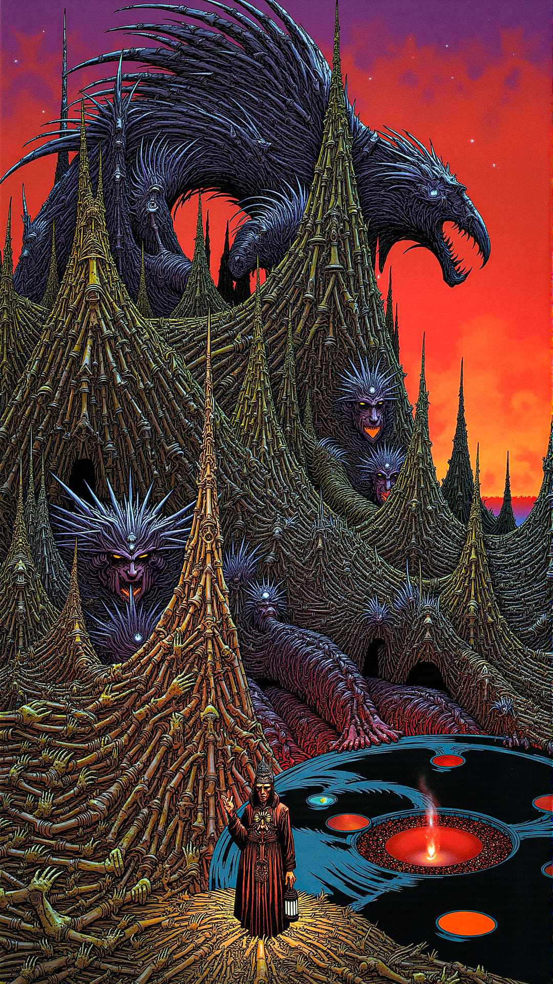 A twisted, nightmarish landscape stretches out as far as the eye can see, filled with towering spires made of fused, tortured bodies, their hands reaching out in desperation. The ground is a seething mass of writhing, emaciated forms, their mouths open in silent screams as they struggle to escape the hellish terrain. In the sky, a massive, multi-eyed creature, its body a grotesque amalgamation of wings, tendrils, and exposed organs, looms overhead, casting an ominous shadow over the land. The creature's eyes are all focused on a single, pitiful figure below, who stands at the edge of a black, bubbling lake filled with dismembered limbs and shattered bones. The figure holds a lantern that emits a dim, sickly light, barely cutting through the suffocating darkness. Behind them, the horizon burns with an unnatural fire, casting long, flickering shadows that twist and dance like the damned. The painting style is brutally vivid, with intense contrasts and surreal, impossible geometry that warps reality, creating a scene that feels like a descent into madness itself.  <lora:metal_hurlant_v1:1.5>