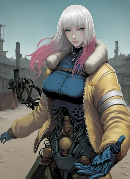 artist:, masterpiece, best quality, newest, very awa, absurdres, highres, jtts, 1girl, cyborg, wires, pipes, machinery, cybernetic body, Classic Pompadour with Tapered Sides hair, multicolored colored hair, pink hair, white hair, yellow bomber jacket, closeup, reaching at viewer, daytime, village, blue sky, detailed, <lora:SDXL\Illustrous\Jittsu_style:1.0>