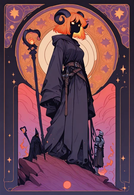 score_9, score_8_up, score_7_up, masterpiece, best quality, very aesthetic, art nouveau, Flatline, Flat vector illustration, SMN0UV34UDSK, art nouveau, 1woman, incoth, (incase:0.6), detailed face, (dynamic:1.2), demon, balrog woman, curled horns, giantess, cliff, abyss, violet flames, glowing whip, whip, huge wings, glowing eyes, glowing hair, armor, knight's armor, swinging whip, badass, dark, epic, perspective, (mage, robe, staff), belle époque, jugendstil, secession, liberty, guimard, mucha, klimt, fin de siècle, art nouveau background