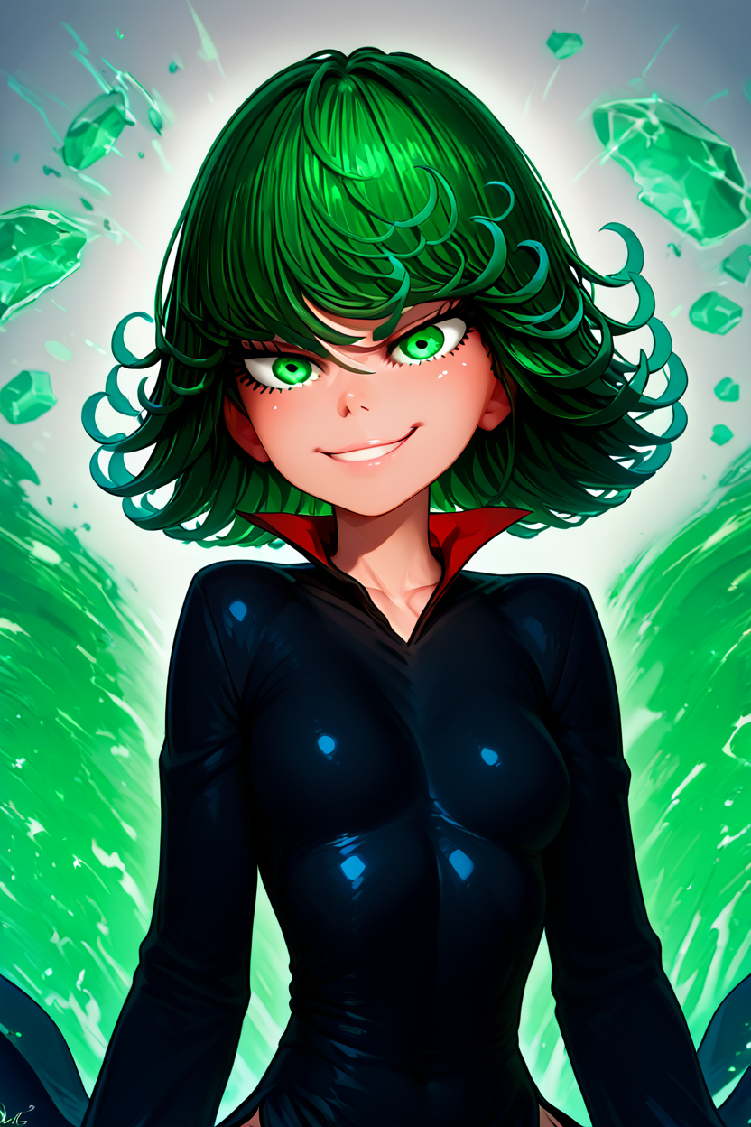 score_9, score_8_up, score_8, medium breasts, (curvy), cute, eyelashes,       BREAK, , BREAK, Tatsumaki, green eyes, green hair, glowing, green glow, aura, energy, <lora:Tatsumaki_PDXL:0.8>,, <lora:IncaseStyle_PDXL:1.0>, , BREAK,  smile, looking at viewer, cowboy shot,  embedding:zPDXL, Expressiveh, <lora:SDXLFaeTastic2400:0.5>,  <lora:Expressive_H-000001:0.4>,