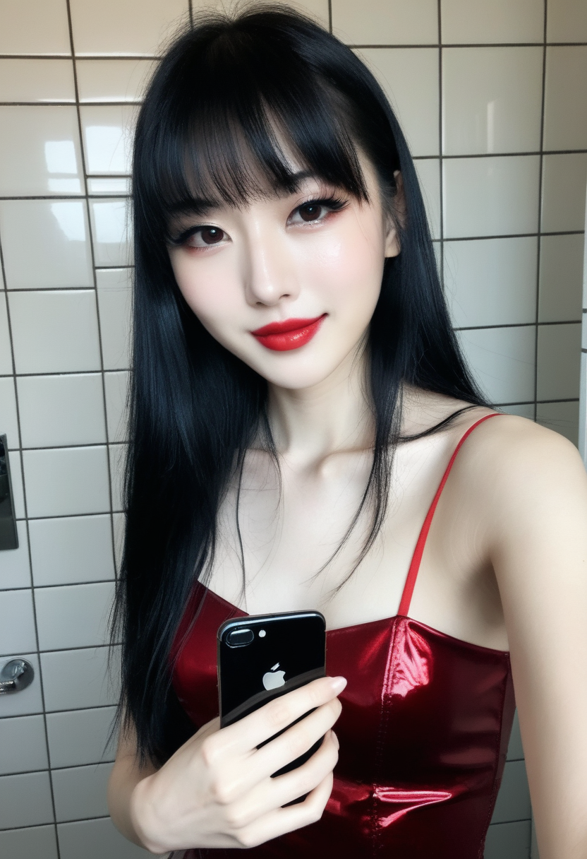 SFW,(blurry), instagram,photo taken with iPhone,A beautiful 18-year-old Korean female college student holding phon, Fair skin woman,solo, black hair, long hair, looking at viewer, parted lips, bangs,red lipstick, Long eyelashes, eyeliner, eye bags,smartphone,,iPhone,indoors,makeup,tile wall,bathroom, high detail skin,Spaghetti strap dress,smile,Pale skin,shiny skin,