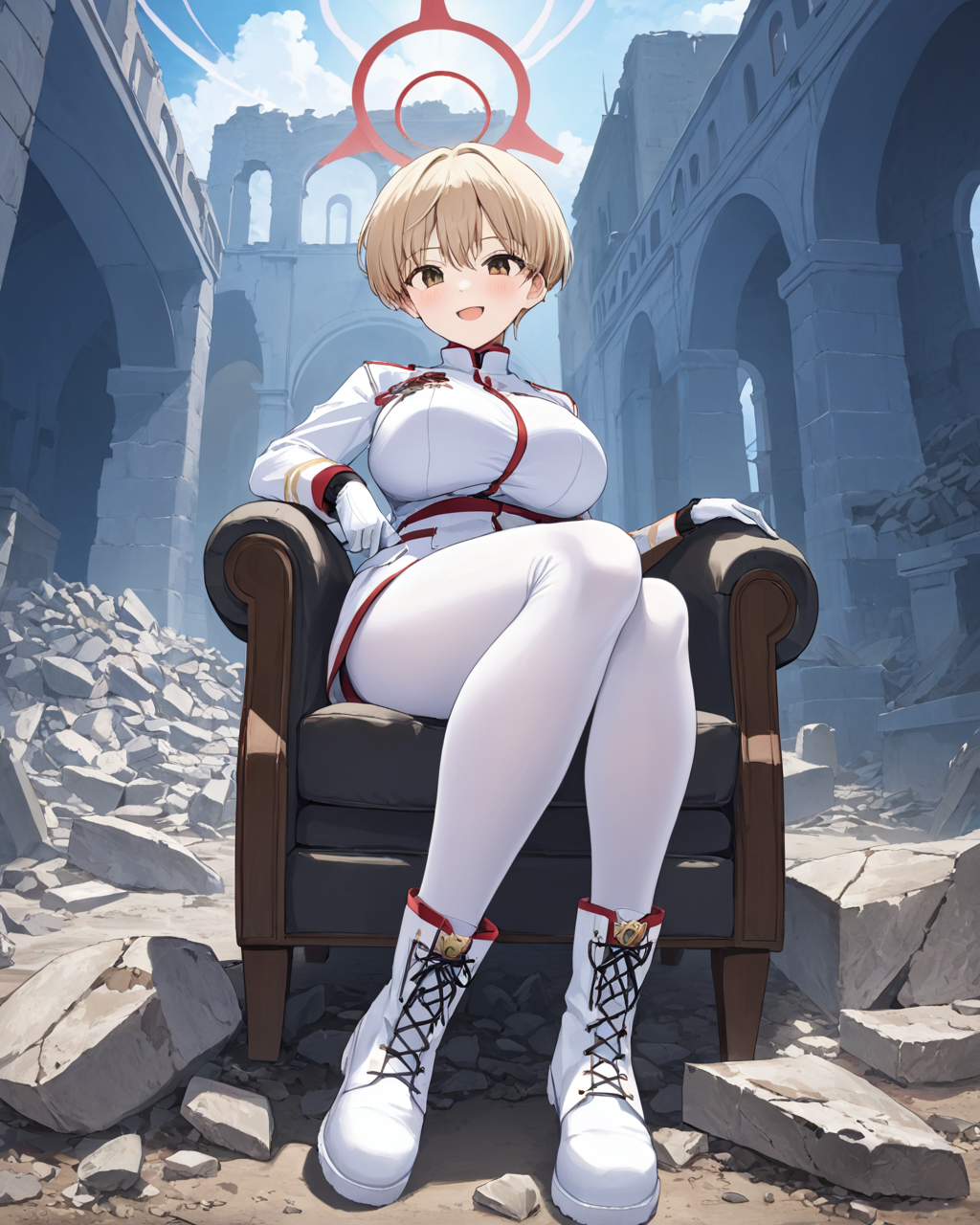 marina \(blue archive\),1girl, solo, white_gloves, looking_at_viewer, sitting, blush, open_mouth, white_footwear, rubble, large_breasts, halo, long_sleeves, white_jacket, debris, white_pants, knee_boots, rock, ruins, chair, sky, military_uniform, depth_of_field, white_pantyhose, lace-up_boots, smile, gun
<lora:marina_(blue_archive)_image369_2023-11-28-000020:1>halo. gorgeous,key visual, vibrant, studio anime,award-winning, professional, highly detailed,high budget, cinemascope