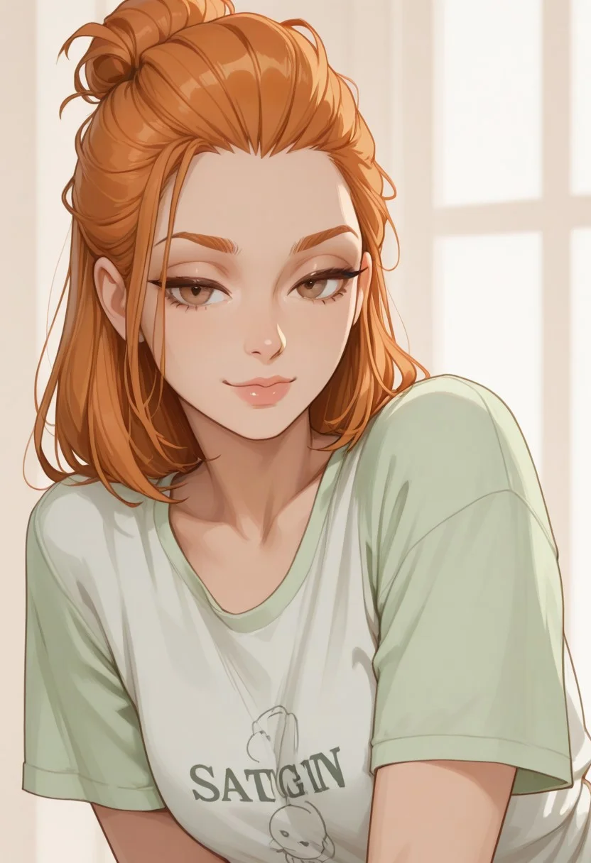 Seductive beauty Siobhan , ginger hair, brown eyes, green shirt, white t-shirt