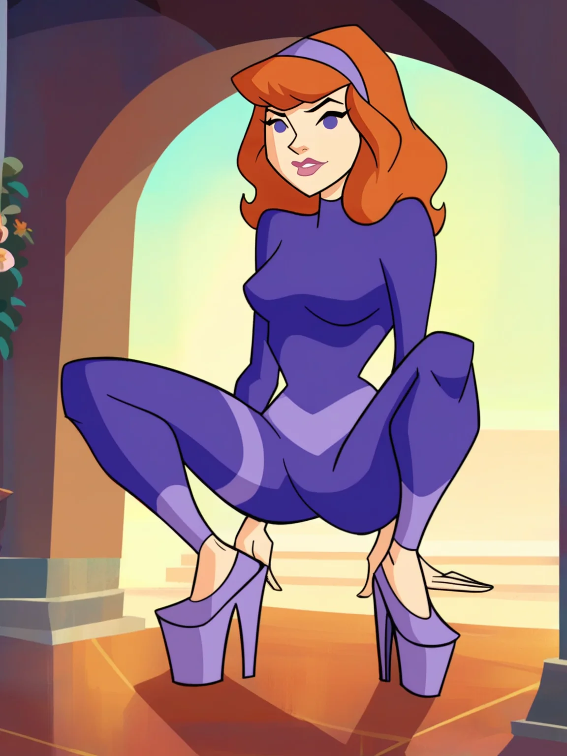 <lora:Daphna:0.7> 1girl, dp_bl, short hair, orange-red hair, bangs, lavender eyes, light-pink lipstick, light-purple headband,
looking at viewer, squatting, front view, spreading legs, platform high heels, score_9, score_8_up, score_7_up,