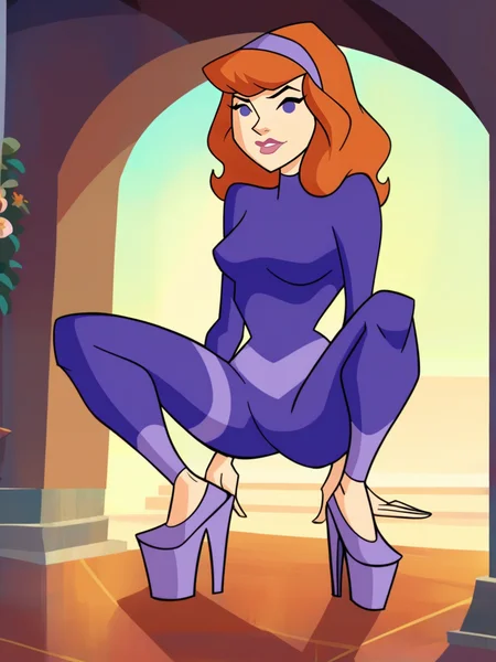 <lora:Daphna:0.7> 1girl, dp_bl, short hair, orange-red hair, bangs, lavender eyes, light-pink lipstick, light-purple headband,
looking at viewer, squatting, front view, spreading legs, platform high heels, score_9, score_8_up, score_7_up,