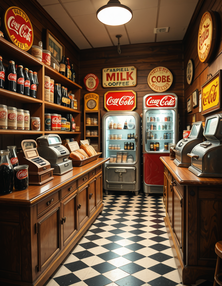 A vintage 1950s grocery store filled with nostalgic details. Wooden shelves neatly stocked with classic canned goods, glass soda bottles, and colorful retro packaging. An old-fashioned cash register sits on the wooden counter, next to a small scale for weighing produce. The checkered black-and-white tile floor adds to the mid-century charm, while hand-painted signs on the walls advertise milk, bread, and coffee in bold, retro fonts. A display of penny candy in glass jars sits near the entrance, and a vintage Coca-Cola refrigerator hums in the background. Soft, warm lighting casts a nostalgic glow over the scene, enhancing the rich textures of wood, glass, and metal, capturing the essence of a bygone era.
<lora:SDXLFaeTastic2400:0.4> <lora:extremely_detailed:0.4> extremely detailed
,1950s grocery st0r3, <lora:1950s_grocery_st0r3-i:1>, Masterpiece,best quality,hi res,8k,hi res,8k,award winning,(sharp focus, intricate, highly detailed),