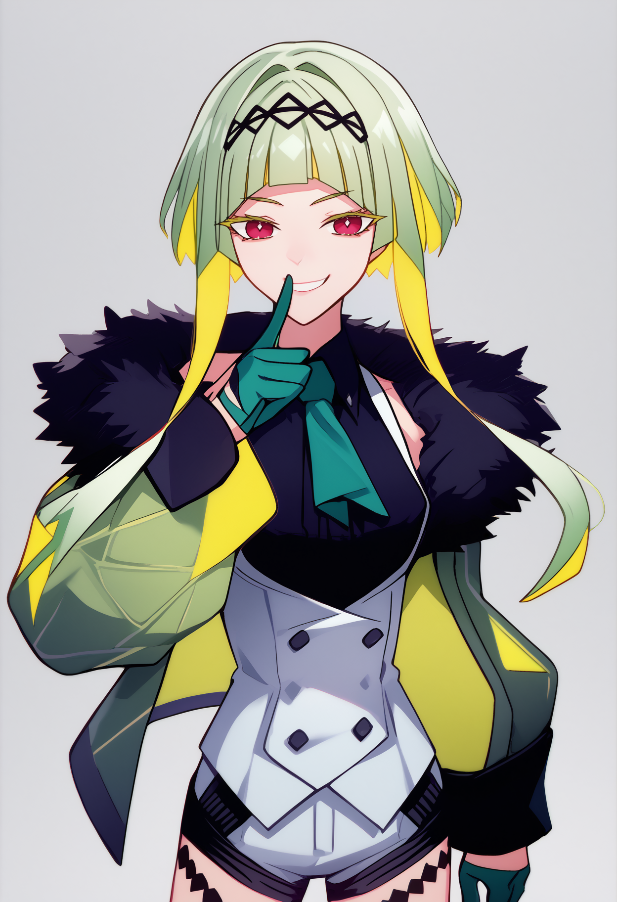 score_7_up, score_6_up, <break> simple background, white background, solo, 1girl, ringosh2, smile, looking at you, standing, finger to mouth, index finger raised, short hair with long locks, green hair, multicolored hair, red eyes, hairband, white vest, white shorts, gloves, necktie, smile, shirt, body markings, sleeveless, collared shirt, jacket, cropped jacket, fur trim
 <segment:yolo-face_yolov8m.pt,0.4,0.5//cid=1>