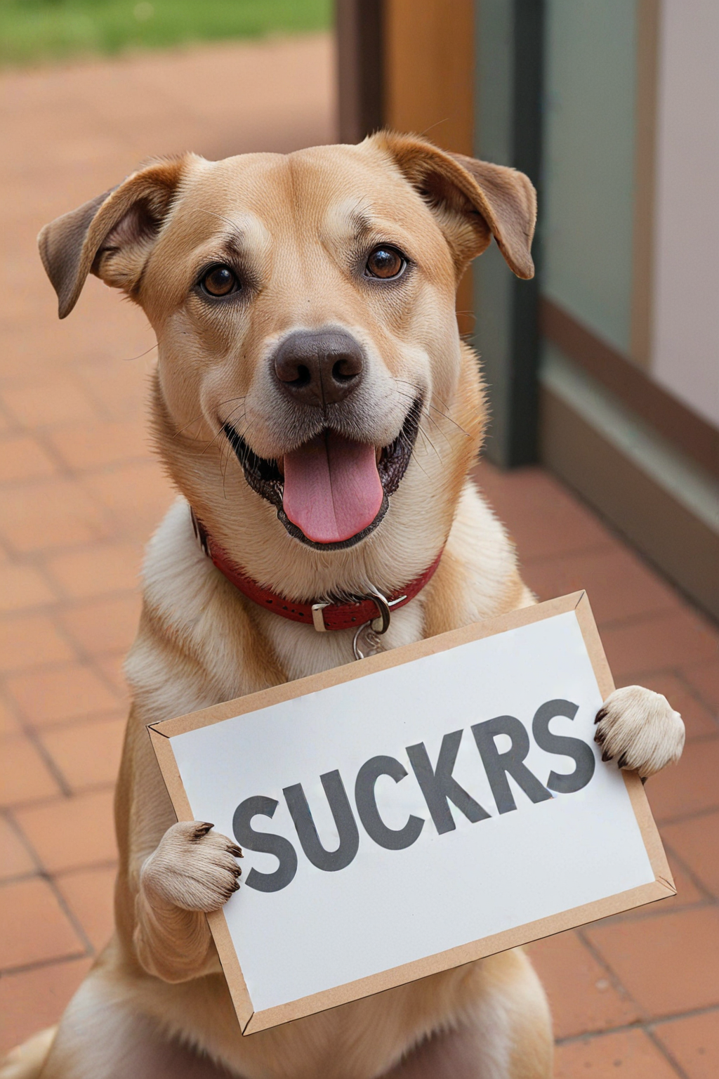 A Dog holding a sign which reads "SUCKERS",  <lora:Add_UHD_Details_&_Text_v1:0.85>, Painstaking attention to details,