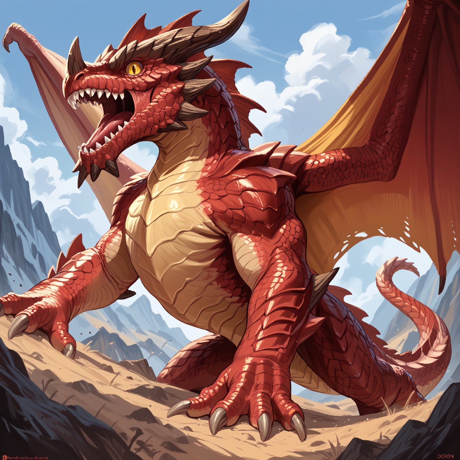 Red dradon ,dnd_dragon no humans wings dragon horns tail cloud scales monster sharp teeth claws teeth sky open mouth giant mountain yellow eyes solo spikes score_9 score_8_up score_7_up score_6_up score_5_up score_4_up no humans