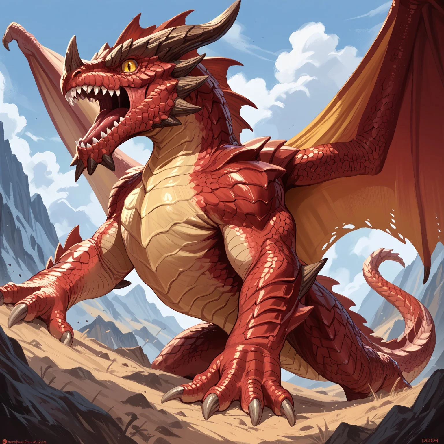 Red dradon ,dnd_dragon no humans wings dragon horns tail cloud scales monster sharp teeth claws teeth sky open mouth giant mountain yellow eyes solo spikes score_9 score_8_up score_7_up score_6_up score_5_up score_4_up no humans