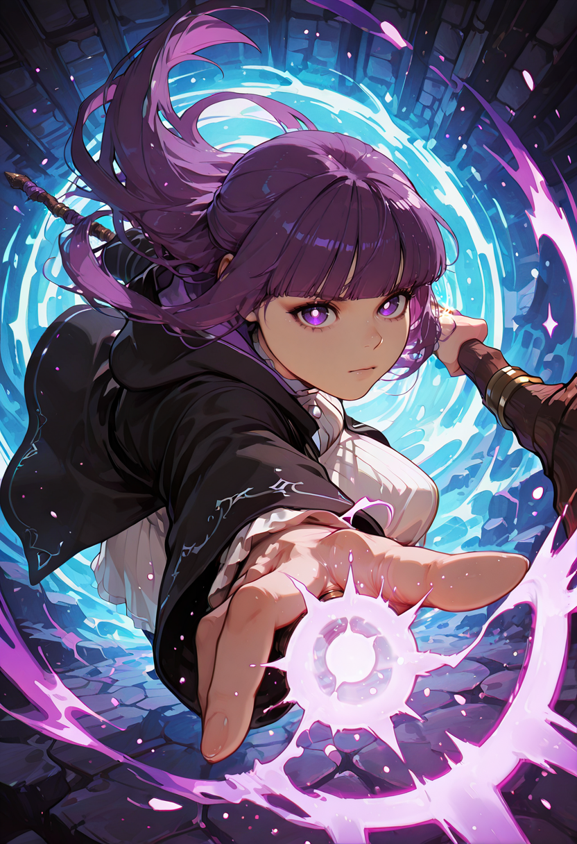 score_9, score_8_up, score_7_up, masterpiece, best quality, very aesthetic, detailed face, (dynamic:1.2), stylized, illustration, dynamic pose,  <lora:ck-shadow-circuit-IL:0.5> in the style of cksc <lora:incoth:0.5> incoth, (incase:0.5) <lora:TrendCraft_The_Peoples_Style_Detailer-v2.3I-4_16_2025-Illustrious_1571400:0.3> <lora:Smooth_Booster_v3_1685428:0.2>âââ <lora:perspective:1> fisheyeprofile, <lora:WeaponSpellBindIL:0.5> white beam, white magic, spell, zoltrak, shooting staff, <lora:9_EnchantingEyes:0.8> Enchanting Eyes, <lora:SousouNoFrieren_Fern_IlluXL:1> purple hair, long hair, purple eyes, big eyes, bright pupils, blunt bangs, FernCasual, striped dress, white dress, black robe, open robe, hood down, frilled collar, holding staff, (magic arena, attack pose, calm, (shooting spell with staff, attack with staff, staff, pointed at viewer:1.3), dynamic:1.2), tilted, (face close:1.2), leaned forward, (full body:1.1), good hand, perfect handâââ
