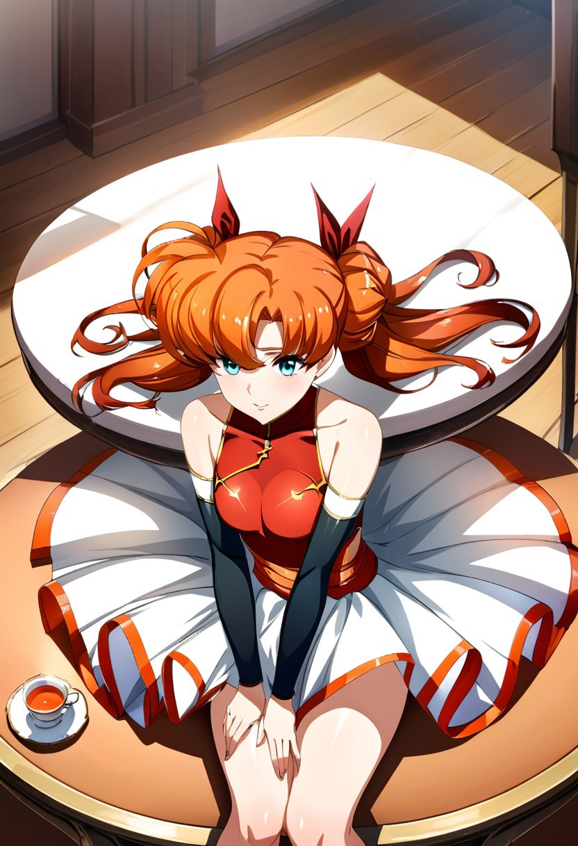 masterpiece,best quality,very aesthetic,absurdres,fantasy,solo,1girl,
<lora:tiaris_v1:1>,tiaris,t_clothes,wand,shiny hair,aqua eyes,red leotard,orange hair,detached sleeves,white mini skirt,white footwear,<lora:Fixhands_anime_bdsqlsz_V1:1>
 (tea table, holding teacup, tea pot), sitting, , pov, from above,,masterpiece,best quality, very aesthetic, absurdres, ultra detailed, high resolution, 4k, extremely detailed CG,