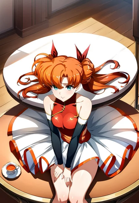 masterpiece,best quality,very aesthetic,absurdres,fantasy,solo,1girl,
<lora:tiaris_v1:1>,tiaris,t_clothes,wand,shiny hair,aqua eyes,red leotard,orange hair,detached sleeves,white mini skirt,white footwear,<lora:Fixhands_anime_bdsqlsz_V1:1>
 (tea table, holding teacup, tea pot), sitting, , pov, from above,,masterpiece,best quality, very aesthetic, absurdres, ultra detailed, high resolution, 4k, extremely detailed CG,