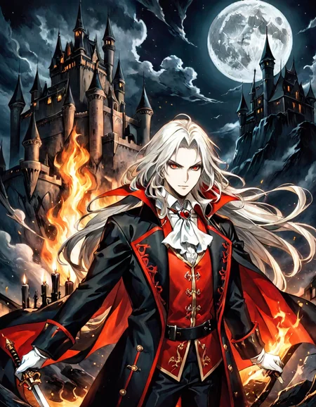 anime artwork photograph sotn, Alucard, holding weapon, 1boy, holding sword, full moon, male focus, candle, long hair, facial hair, white gloves, beard, black cape, castle, official art, pale skin, ascot, night sky, vampire, looking at viewer, long sleeves, traditional media, fire, white hair, photoshop (medium), manly, upper body, closed mouth, coat, floating hair, standing
<lora:sotn:.6>
<lora:offset_0.2:0.5>, 50mm . cinematic 4k epic detailed 4k epic detailed photograph shot on kodak detailed cinematic hbo dark moody, 35mm photo, grainy, vignette, vintage, Kodachrome, Lomography, stained, highly detailed, found footage . anime style, key visual, vibrant, studio anime, highly detailed