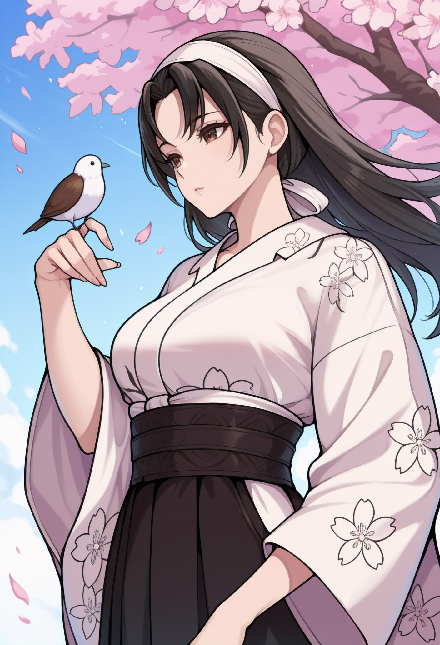 1girl, solo, kimono, floral print, cherry blossoms, bird, bird on hand, 
black hair, long hair, brown eyes, white hairband, 
masterpiece, best quality, <lora:jun_kazama-guy90-Illust-LoraV101:1>, amanuj