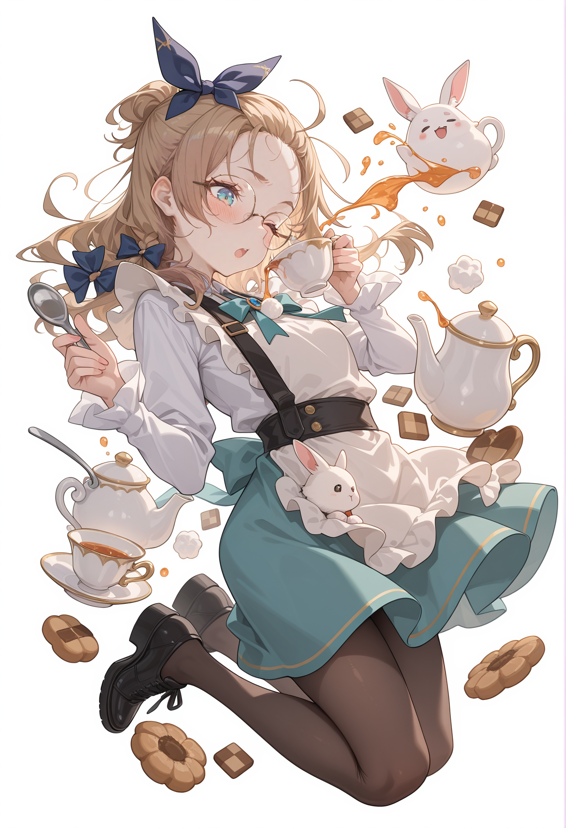 perfect quality,high quality,masterpiece,best quality,amazing quality,very aesthetic,Cinematic Lighting,newest,Tactical use of shadow,
1girl,brown hair,pinned back hair,
teacup,bow,cup,cookie,teapot,glasses,food,white background,tea,hair bow,open mouth,full body,sugar cube,nail polish,simple background,long sleeves,pantyhose,blue nails,one eye closed,apron,dress,skirt,rabbit,spilling,holding,blush,shoes,spoon,:o,black footwear,checkerboard cookie,blue bow,aqua skirt,,
<lora:ponyv4_noob1_2_adamW:0.6>,<lora:spo_sdxl_10ep_4k-data_lora_webui:0.6>,<lora:USNR STYLE_XL_loha:0.45>,<lora:HG2512 by CYQL:0.9>,HG2512,usnr,,