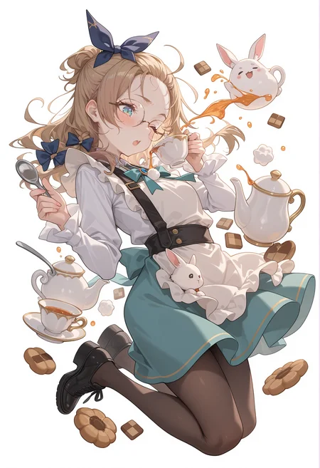 perfect quality,high quality,masterpiece,best quality,amazing quality,very aesthetic,Cinematic Lighting,newest,Tactical use of shadow,
1girl,brown hair,pinned back hair,
teacup,bow,cup,cookie,teapot,glasses,food,white background,tea,hair bow,open mouth,full body,sugar cube,nail polish,simple background,long sleeves,pantyhose,blue nails,one eye closed,apron,dress,skirt,rabbit,spilling,holding,blush,shoes,spoon,:o,black footwear,checkerboard cookie,blue bow,aqua skirt,,
<lora:ponyv4_noob1_2_adamW:0.6>,<lora:spo_sdxl_10ep_4k-data_lora_webui:0.6>,<lora:USNR STYLE_XL_loha:0.45>,<lora:HG2512 by CYQL:0.9>,HG2512,usnr,,