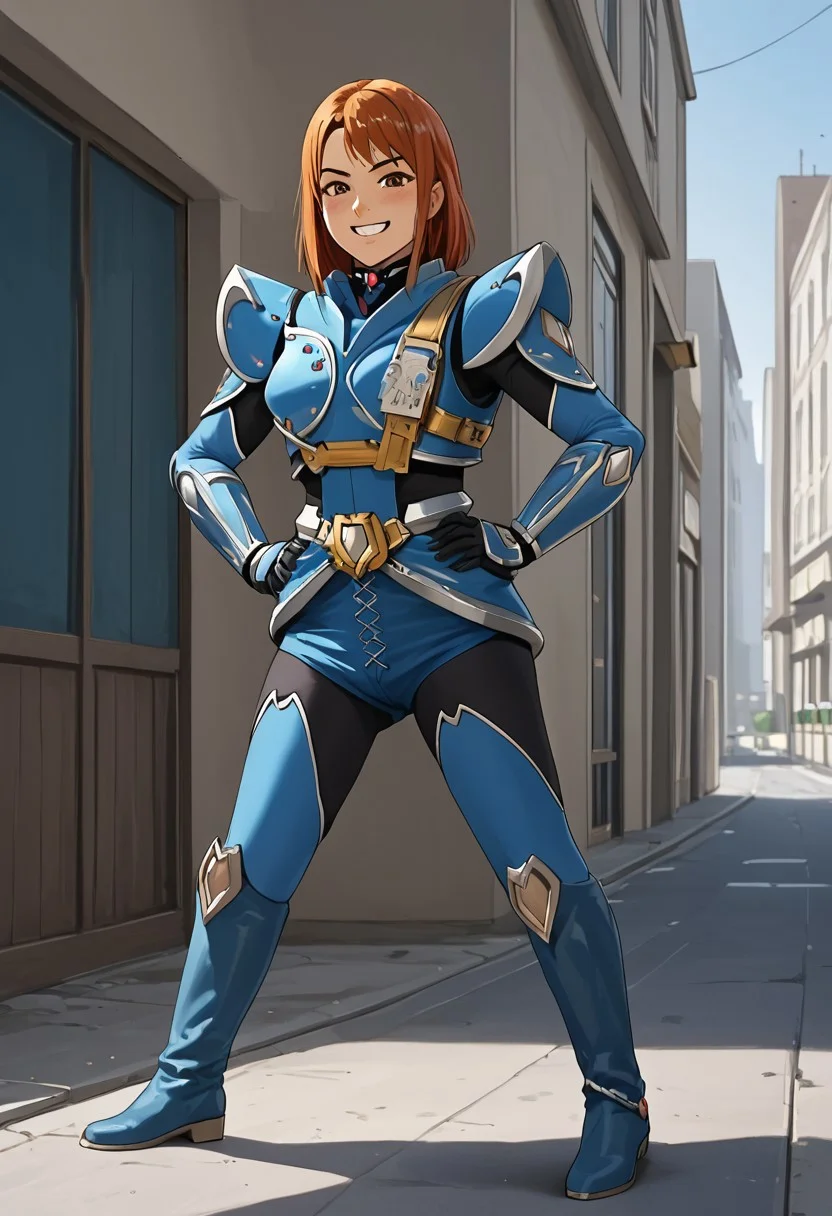 score_9, score_8_up, score_7_up, source_anime, zPDXL, zPDXLpg, anime, anime coloring, anime screencap, <lora:offset_0.2:0.1>, <lora:spo_sdxl_10ep_4k-data_lora_webui:1>,
1girl, solo,
K4g3ri, 1girl, solo, robot, tokusatsu, female focus, K4g3r inner_suit, necklace, K4g3r shoulder_pad, K4g3r armor, goldstrap, K4g3r gauntlet, K4g3r gloves, skirt, K4g3r boots, K4g3r weapon, helmet removed,
smile, blush, looking at viewer, facing viewer, cowboy shot, standing, hands on own hips, ass visible through thighs, teeth, full body,
outdoors, city, street