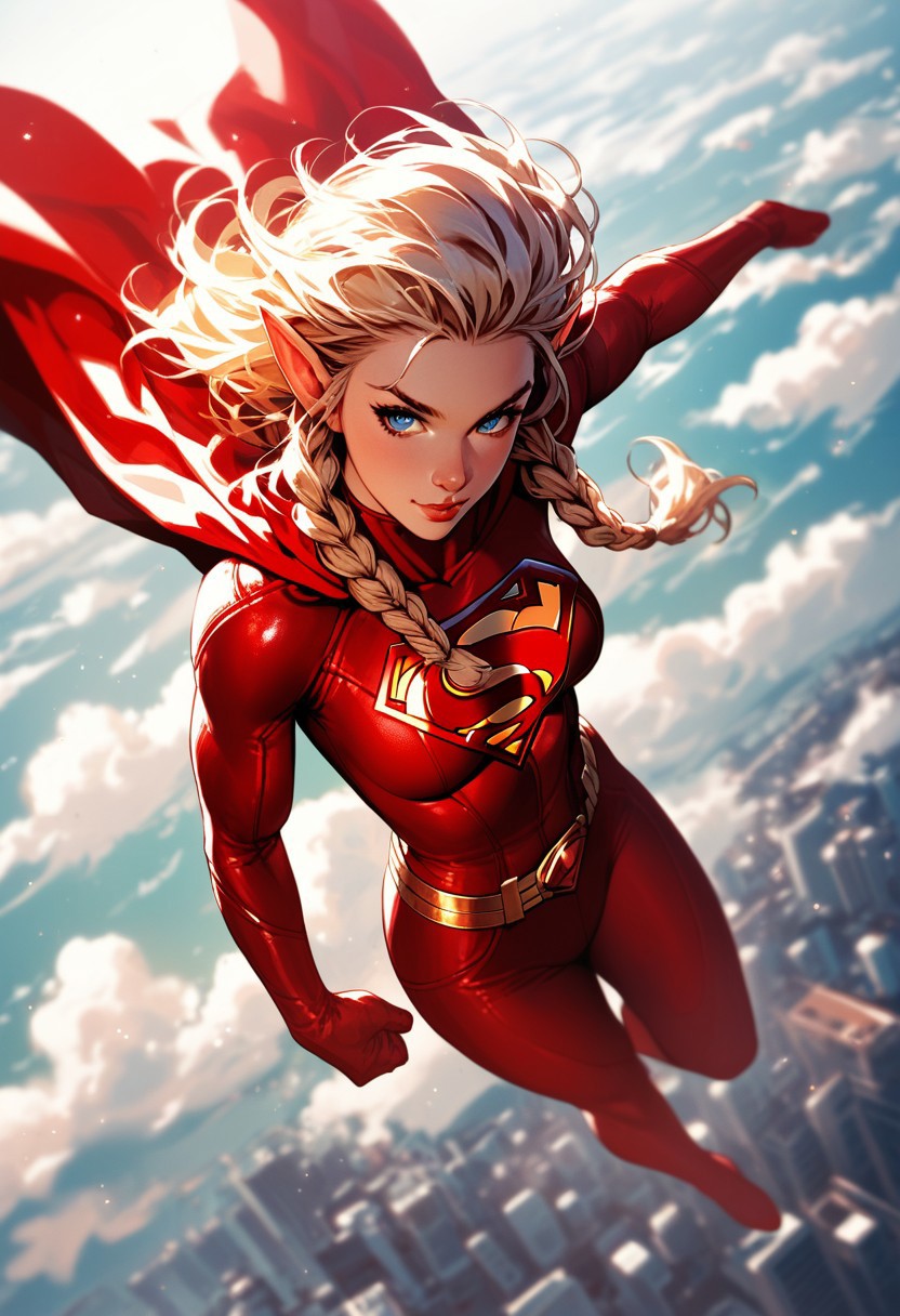 (score_9, score_8_up), score_7_up, solo, mythp0rt, full body shot, 1female, beautiful, super girl, pointy elf ears, blond braided hair, long hair, fair skin, sleeper build, leather super girl costume black and red color palette, superman symbol, in a dynamic flying pose, flying, flying over a city, cloudy background, dappled sunlight, upper body, looking at viewer, black and red costume color palette, shine of steel, from above.