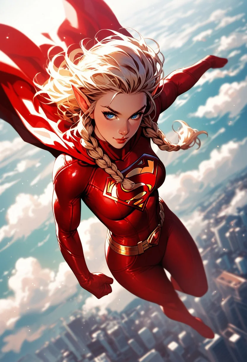 (score_9, score_8_up), score_7_up, solo, mythp0rt, full body shot, 1female, beautiful, super girl, pointy elf ears, blond braided hair, long hair, fair skin, sleeper build, leather super girl costume black and red color palette, superman symbol, in a dynamic flying pose, flying, flying over a city, cloudy background, dappled sunlight, upper body, looking at viewer, black and red costume color palette, shine of steel, from above.